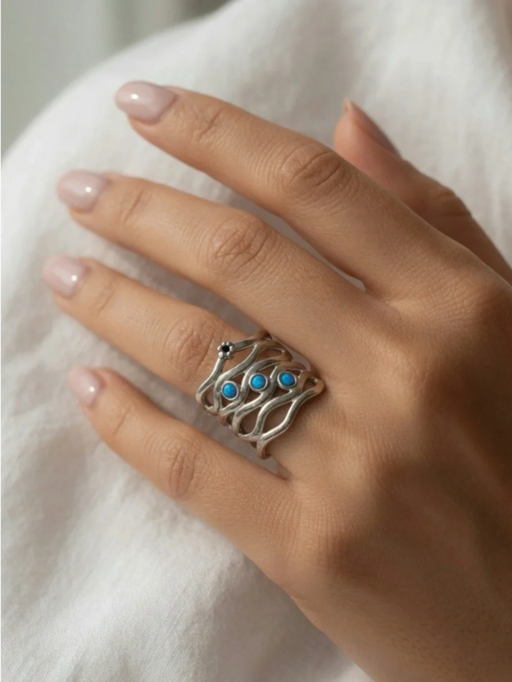 Vintage Israeli Sterling Silver Blue Fire Opal Wave Ring Size 6